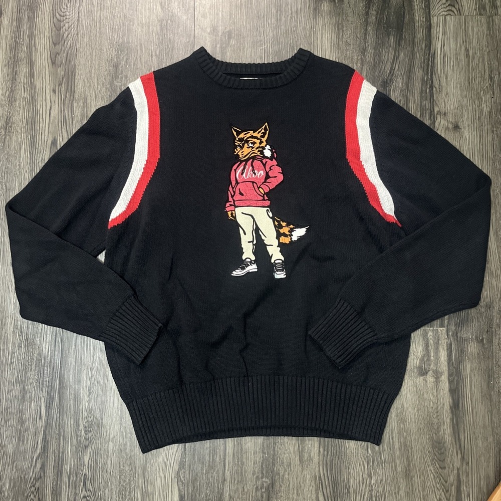 Vintage Y2K Akoo Sweater Men Sz XL Black Akoo Fox Graphic Print Red White Stripe